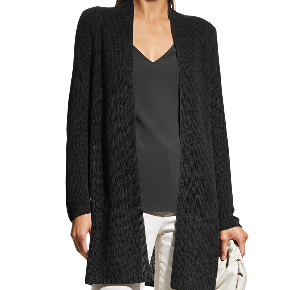Eileen Fisher Silk Cotton Black Open Long Knit Cardigan Sz XS